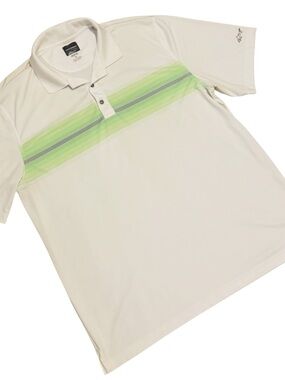 Men's Greg Norman XL White Polo with Lime Stripe - Performance Golf Shirt